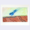 Illustration of an abstract blue object flying through the sky over sand dunes.