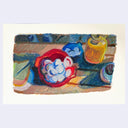 Colorful still life painting of eggs in a bowl on a wood table.