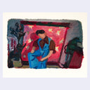 Painting of a man in a denim jumpsuit sitting in front of a red backdrop with stars.