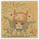 Pen illustration on tan post it note of a girl with a red monster hat with clouds and sun behind it.