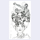 Black and white line art of a woman's face with monkeys on her head against a light purple background