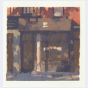 An impressionistic painting of a storefront or building entrance, rendered in earthy browns, beige, muted blue-gray, and rust-orange tones, with a white border around the artwork.