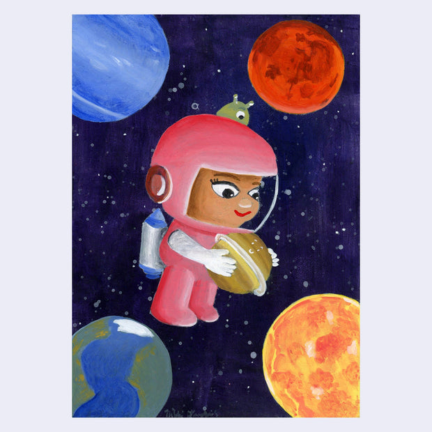 Illustration of a small, cute tan girl in a pink space suit, holding a small smiling planet in her arms. She floats in space with colorful planets framing her, and a small green alien sitting atop her head.