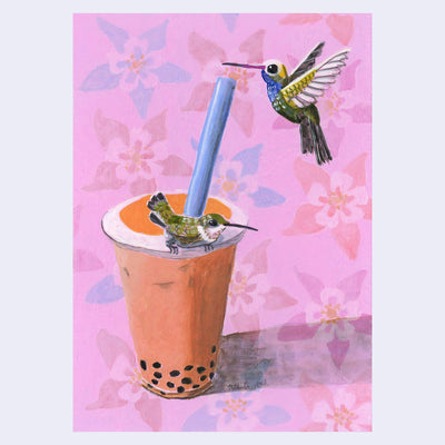 Painting of a Thai Tea boba in a plastic cup with boba. A hummingbird sits on the cup and one flies nearby the straw.