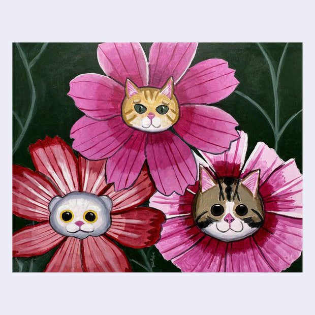 Painting of 3 pink flowers with cat heads in the center of each. One cat is white, the other is orange and the last is a brown striped cat.