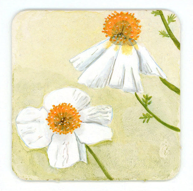 Painting of 2 white flowers on a yellowish green background.