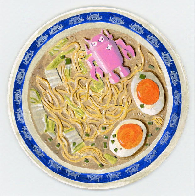 Painting on circular panel of an overhead view of a bowl of ramen with green onions, 2 halves of a soft boiled egg and a pink Big Boss Robot toy floating in the broth. The bowl is white with a blue outline, featuring many small white robot heads as a pattern.
