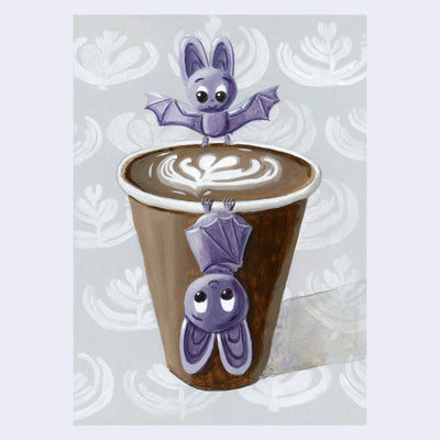 Painting of 2 cartoon style purple bats, positioned around a brown to go coffee cup with latte art. One bat stands on the cup lip and the other hangs upside down off the front. 