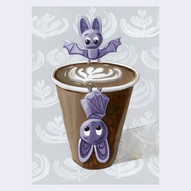 Painting of 2 cartoon style purple bats, positioned around a brown to go coffee cup with latte art. One bat stands on the cup lip and the other hangs upside down off the front. 