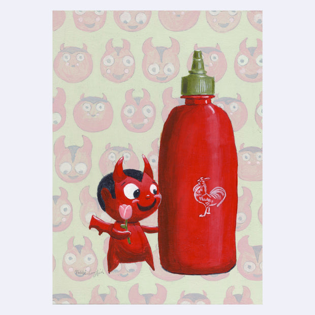 Painting of a small cartoon style devil, smiling and holding a pink tulip in one hand. It holds onto a large bottle of Sriracha. Background is a pattern made out of the devil's face, making different expressions.