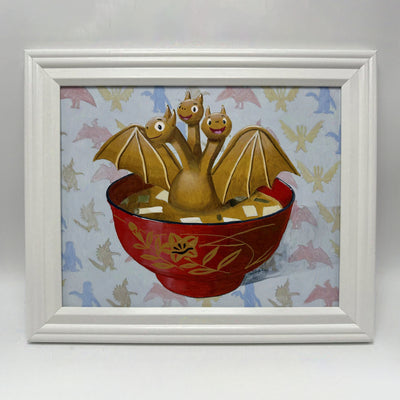 Painting of a cartoon style Ghidorah, golden and spreading its wings in a bowl of miso soup. The background is a repeating pattern of various kaiju monster silhouettes. Piece is in a white frame.