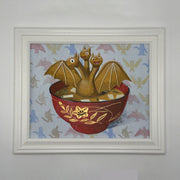 Painting of a cartoon style Ghidorah, golden and spreading its wings in a bowl of miso soup. The background is a repeating pattern of various kaiju monster silhouettes. Shown at an angle to display gold bowl detailing.