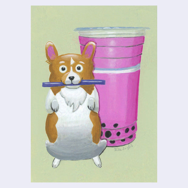 Painting of a chubby corgi standing on its hind legs and holding a straw in its mouth. Behind it is a large hot pink drink with boba at the bottom.