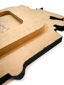 Backside of a MDF board with mounting hardware.