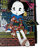 Colorful illustration mounted to a die cut wood panel of a cartoon character in traditional Japanese attire but modern sneakers, sitting on a neon sign with a dog and a cat nearby.