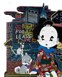 Colorful illustration mounted to a die cut wood panel of a cartoon character in traditional Japanese attire but modern sneakers, sitting on a neon sign with a dog and a cat nearby.