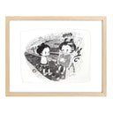 Illustration of 2 cartoon characters in traditional Japanese attire but modern sneakers, standing at a subway platform while eating pizza.