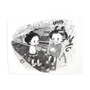 Illustration of 2 cartoon characters in traditional Japanese attire but modern sneakers, standing at a subway platform while eating pizza.