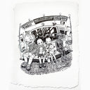 Ink drawing on deckled edge paper of a NYC subway, with people sleeping and in various positions. 