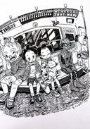 Ink drawing on deckled edge paper of a NYC subway, with people sleeping and in various positions.