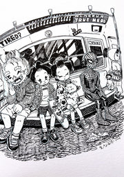 Ink drawing on deckled edge paper of a NYC subway, with people sleeping and in various positions.