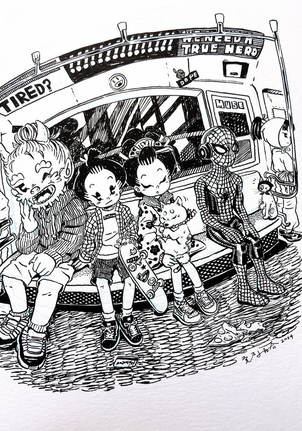 Ink drawing on deckled edge paper of a NYC subway, with people sleeping and in various positions.