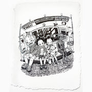 Ink drawing on deckled edge paper of a NYC subway, with people sleeping and in various positions. 