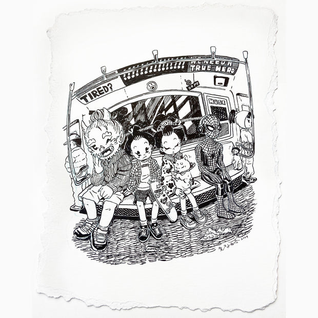 Ink drawing on deckled edge paper of a NYC subway, with people sleeping and in various positions. 