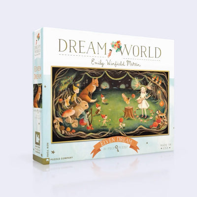 Puzzle box featuring an illustration of a girl playing banjo in a forest with many small elves and forest creatures standing by to watch. 