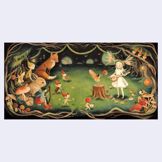 Puzzle featuring an illustration of a girl playing banjo in a forest with many small elves and forest creatures standing by to watch.