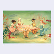 Puzzle featuring an illustration of 4 mermaids sitting at a table underwater and eating dinner.