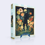 Puzzle box featuring an illustration of a small girl standing on a night pathway lined by giant flowers and plants.