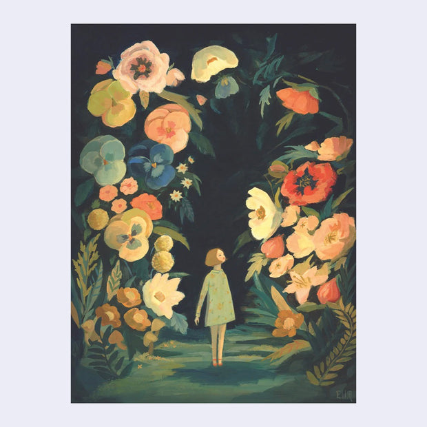 Puzzle featuring an illustration of a small girl standing on a night pathway lined by giant flowers and plants.