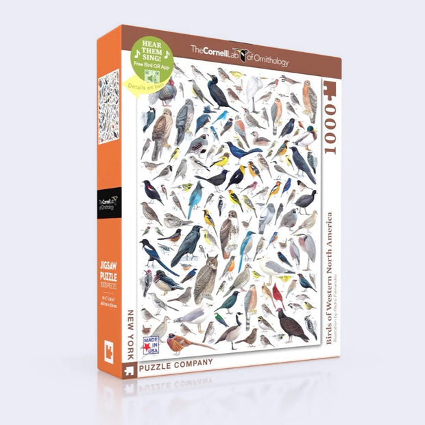 Puzzle box featuring puzzle graphic of 120 different birds, found in Western North America with numbers which can be matched to an informational sheet.