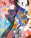 Framed artwork of a cartoon character in traditional Japanese attire with a dog, on a colorful abstract background.