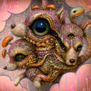 Psychedelic fantasy artwork depicting three surreal fox-like creatures with large eyes, mushrooms, and a snake in a pink and brown abstract landscape.