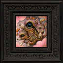 A framed surreal artwork featuring two fox-like creatures with large eyes and orange mushroom shapes against a pink background, enclosed in an ornate dark carved frame.