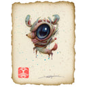 Acrylic painting of a dear like creature, with a very large eyeball and a tiny body.