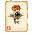 Acrylic painting of a large eyeball with a bluish green iris, it has wings on each side of it and a floating mushroom crown overhead.