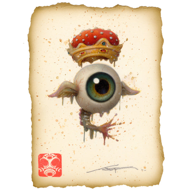 Acrylic painting of a large eyeball with a bluish green iris, it has wings on each side of it and a floating mushroom crown overhead.