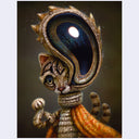 Stylized artwork of a cat with one very, very large eye bulging out of its head. It stands with a neck like a ruffled collar and has 2 tails.