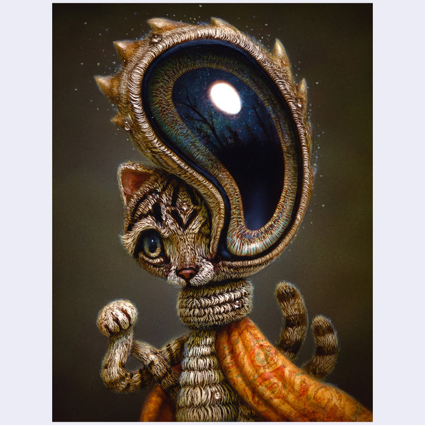 Stylized artwork of a cat with one very, very large eye bulging out of its head. It stands with a neck like a ruffled collar and has 2 tails.