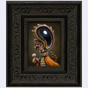 Stylized artwork of a cat with one very, very large eye bulging out of its head. It stands with a neck like a ruffled collar and has 2 tails. Painting is in an ornate frame.