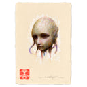 Artistic depiction of a face with abstract elements coming off of it, wires or tentacles, on a beige background