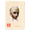 Artistic depiction of a face with abstract patterns on a beige background, featuring a red artist stamp and signature.