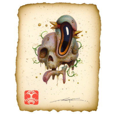 Painting of a skull, floating with its tongue detached. Its right eye is a large brown eye, stretched out with 2 beaks coming out of it.