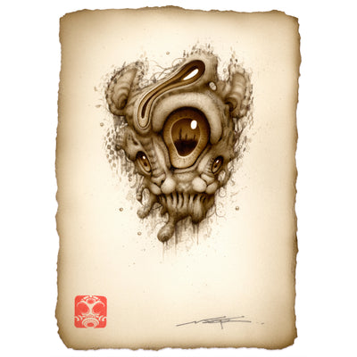 Pop surrealist painting on sepia toned illustration of an animal face with many eyes.