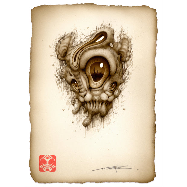 Pop surrealist painting on sepia toned illustration of an animal face with many eyes.