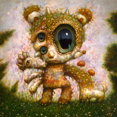 Very highly rendered painting of a deformed bear like creature, with 3 eyes and 6 limbs. Its fur is made of textured grass and mushrooms grow atop its deformed arm. 