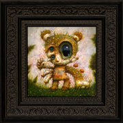 Very highly rendered painting of a deformed bear like creature, with 3 eyes and 6 limbs. Its fur is made of textured grass and mushrooms grow atop its deformed arm. Piece is in an ornate frame.